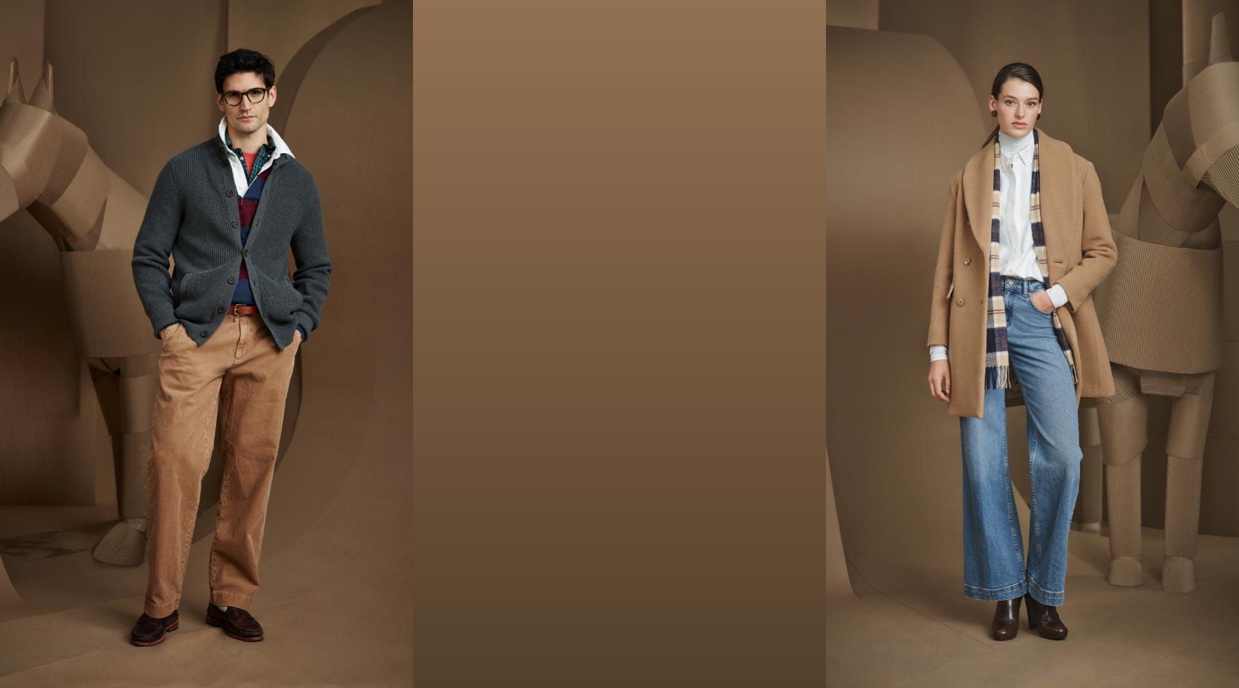 Brooks Brothers Outlet men's and women's fall fashion featuring a men's cardigan and chinos alongside a women's camel coat, scarf, and jeans.