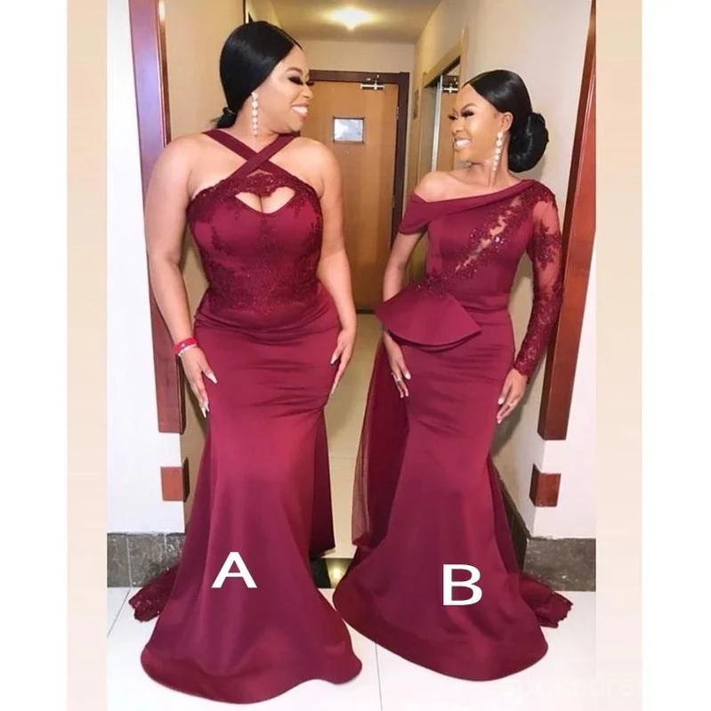 Mismatched Burgundy One shoulder Mermaid Cheap Long Bridesmaid Dresses Gown Online.WG1100 - bellbottoms
