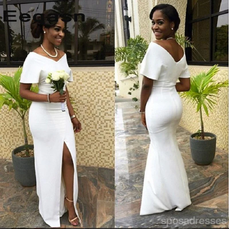 Simple Mermaid V Neck Side Slit Long Bridesmaid Dresses Online. WG905 - bellbottoms