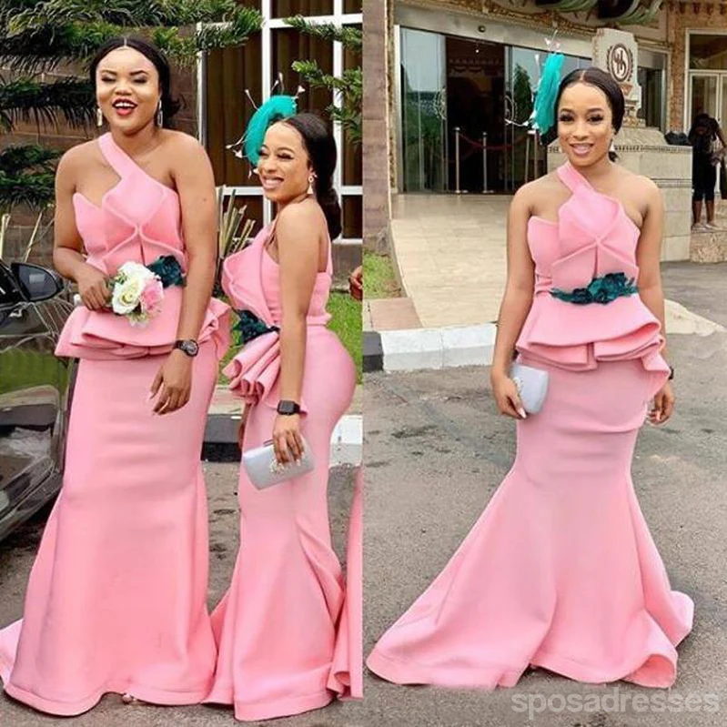 Mermaid One Shoulder Sleeveless Pink Long Bridesmaid Dresses Online. WG904 - bellbottoms
