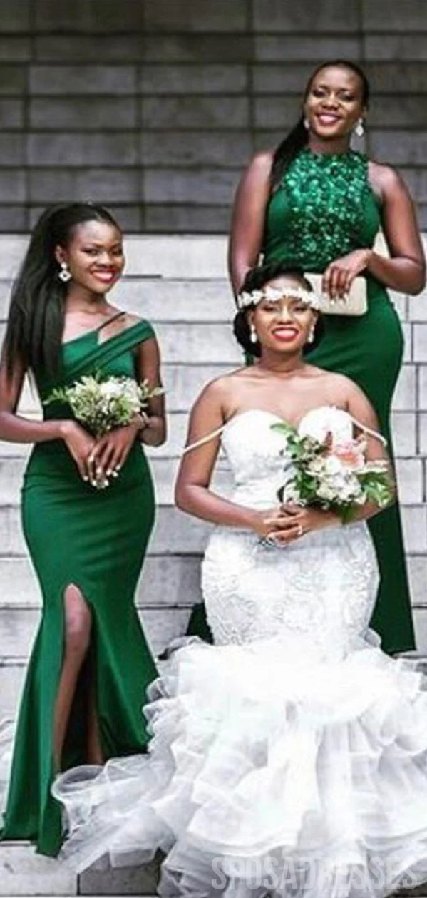 Mismatched Green Unique High Slit Long Bridesmaid Dresses Gown Online. WG998 - bellbottoms