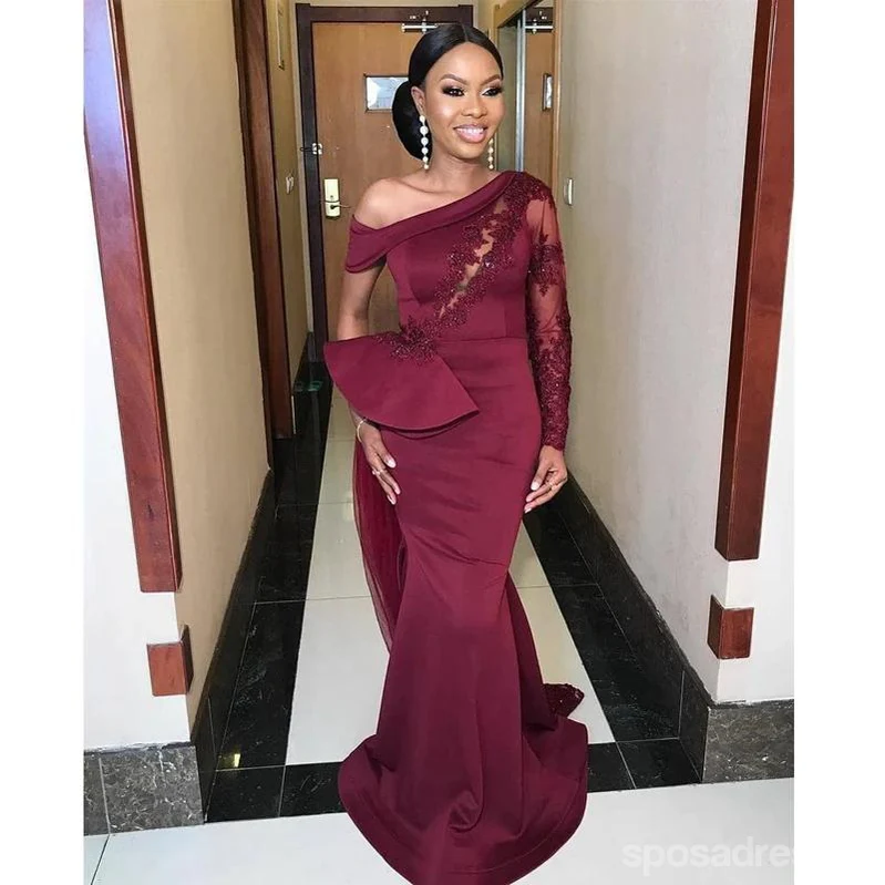 Mismatched Burgundy One shoulder Mermaid Cheap Long Bridesmaid Dresses Gown Online.WG1100 - bellbottoms