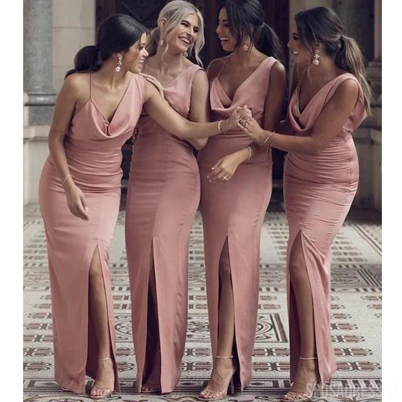 V neck Side Slit Mermaid Dusty Pink Long Bridesmaid Dresses Online. WG746 - bellbottoms