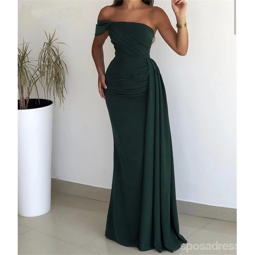 Long Sheath Dark Green One Shoulder Sleeveless Cheap Bridesmaid Dresses Gown .WG1059 - bellbottoms