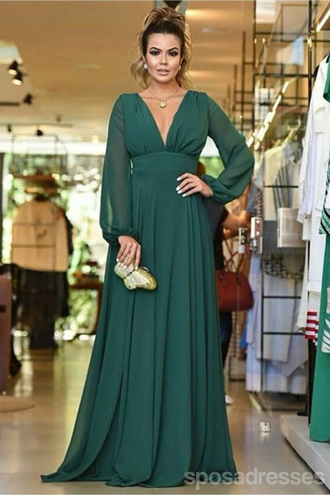 V Back Long Sleeves Green Chiffon Cheap Bridesmaid Dresses Online. WG760 - bellbottoms