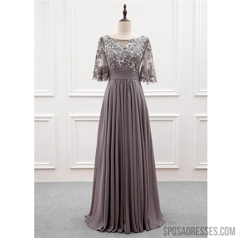 Grey A-line Half Sleeves Lace Applique Chiffon Bridesmaid Dresses Gown. WG1019 - bellbottoms