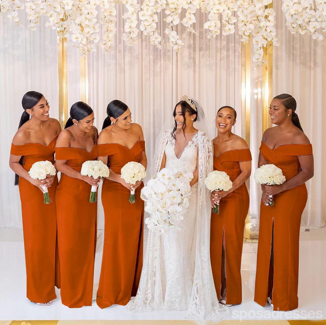 Burnt Orange Mermaid Off the Shoulder High Slit V-neck Bridesmaid Dresses Gown. WG1033 - bellbottoms