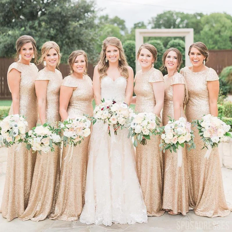 Simple Sheath Cap Sleeves Gold Sequin Long Bridesmaid Dresses Online. WG889 - bellbottoms
