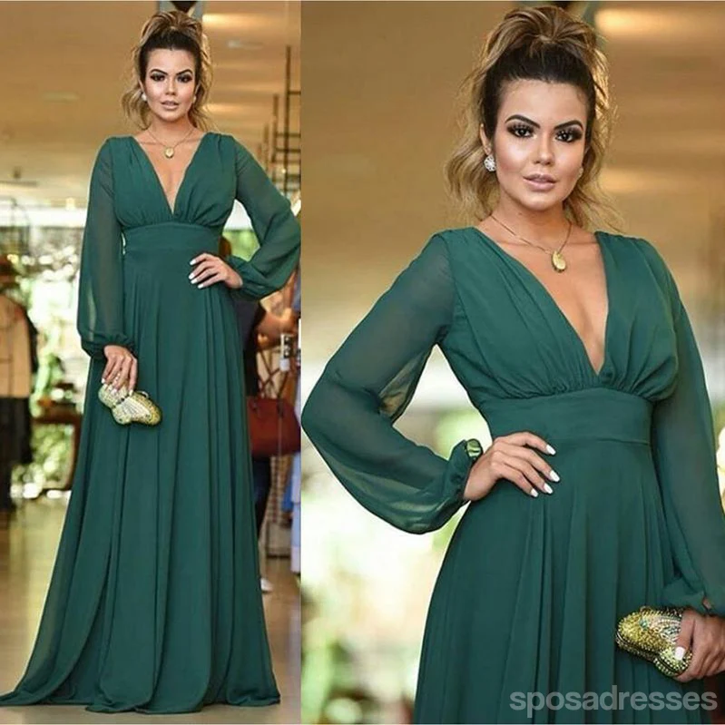V Back Long Sleeves Green Chiffon Cheap Bridesmaid Dresses Online. WG760 - bellbottoms