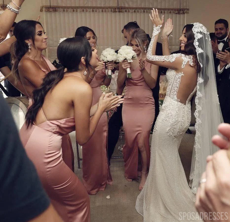 V neck Side Slit Mermaid Dusty Pink Long Bridesmaid Dresses Online. WG746 - bellbottoms