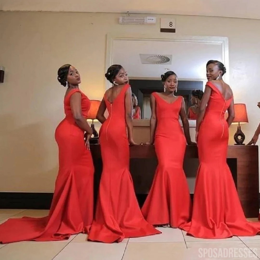 Sexy Mermaid Red Off the Shoulder V-neck Cheap Long Bridesmaid Dresses Gowns Online.WG964 - bellbottoms