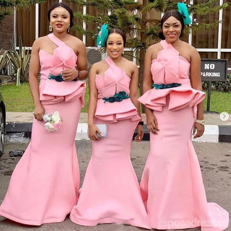 Mermaid One Shoulder Sleeveless Pink Long Bridesmaid Dresses Online. WG904 - bellbottoms
