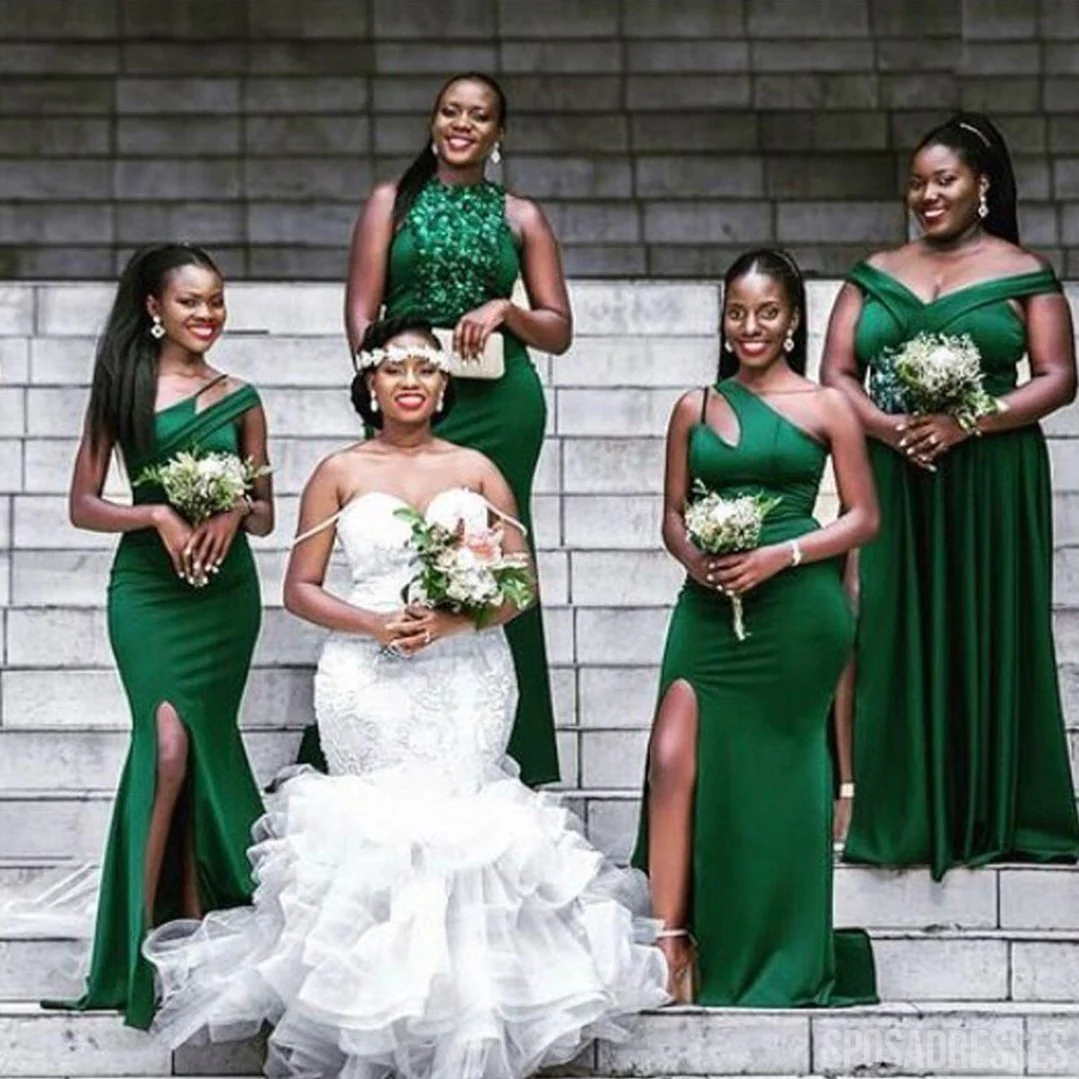 Mismatched Green Unique High Slit Long Bridesmaid Dresses Gown Online. WG998 - bellbottoms