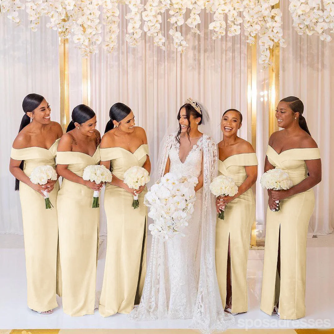 Gold Mermaid Off the Shoulder High Slit V-neck Bridesmaid Dresses Gown. WG1032 - bellbottoms
