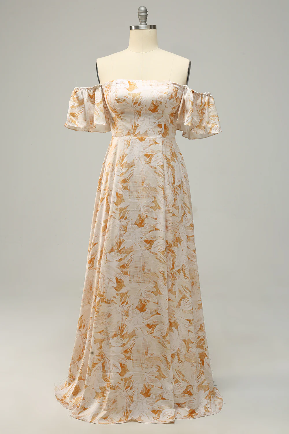 A Line Off the Shoulder Yellow Flower Printed Plus Size Bridesmaid Dress - bellbottoms