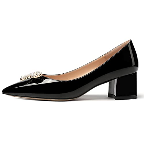 MERRORI Women's Patent Pointed Toe Block Solid Pearl Bow Slip On Block Low Heel Pumps Shoes 2 Inch - bellbottoms