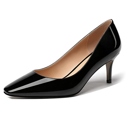 MERRORI Women's Patent Square Toe Slip On Solid Stiletto Mid Heel Pumps Shoes 2.5 Inch - bellbottoms