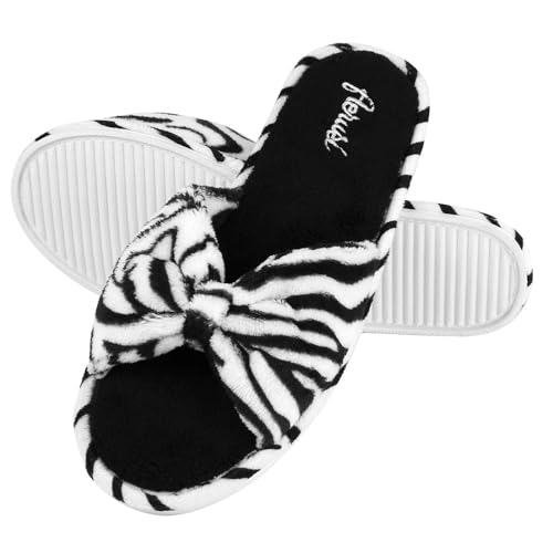 ROXIE Women's Terry Spa Slip On Open Toe Slippers Slide Slipper with Cute Bowknot for Indoor Outdoor Comfort - bellbottoms