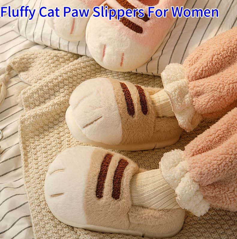 Cat Paw Slippers for Women Cat Paw Slippers hickened Anti-Slip Fluffy Slippers Winter House womens slippers - bellbottoms