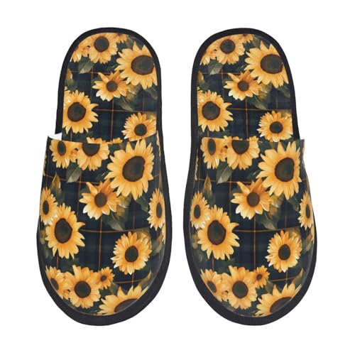 Scottish Blue Plaid Sunflower Slippers for Women, Womens Slippers Winter House Shoes, Anti-Skid Slippers - bellbottoms