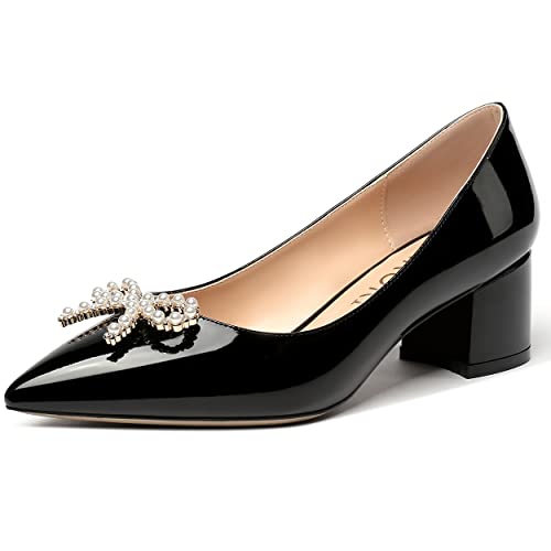 MERRORI Women's Patent Pointed Toe Block Solid Pearl Bow Slip On Block Low Heel Pumps Shoes 2 Inch - bellbottoms
