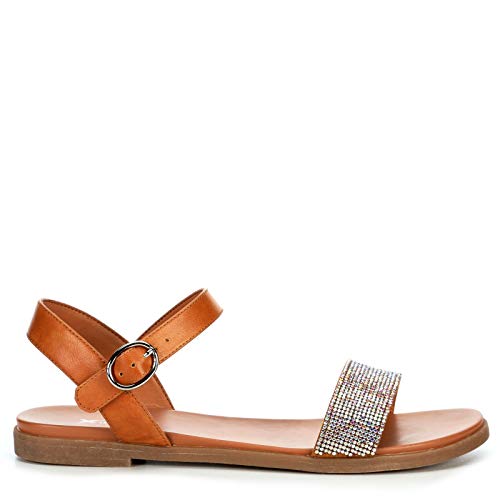 XAPPEAL Women's Corielle - Faux Leather Sequined One Band Ankle Strap Flat Sandals - bellbottoms