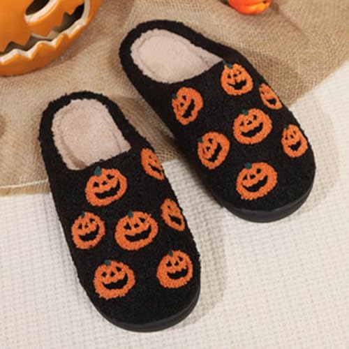 Halloween Slippers for Women House Soft Warm Plush Pumpkin Slippers House Shoes Spooky Slides Couple Shoes - bellbottoms