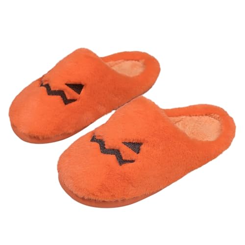Halloween Pumpkin Slippers for Womens Retro Memory Plush Foam Spooky Lantern Slippers Fluffy Indoor Winter Shoes - bellbottoms