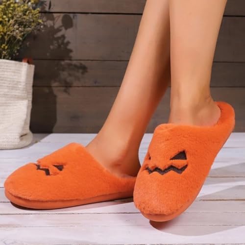 Halloween Pumpkin Slippers for Womens Retro Memory Plush Foam Spooky Lantern Slippers Fluffy Indoor Winter Shoes - bellbottoms