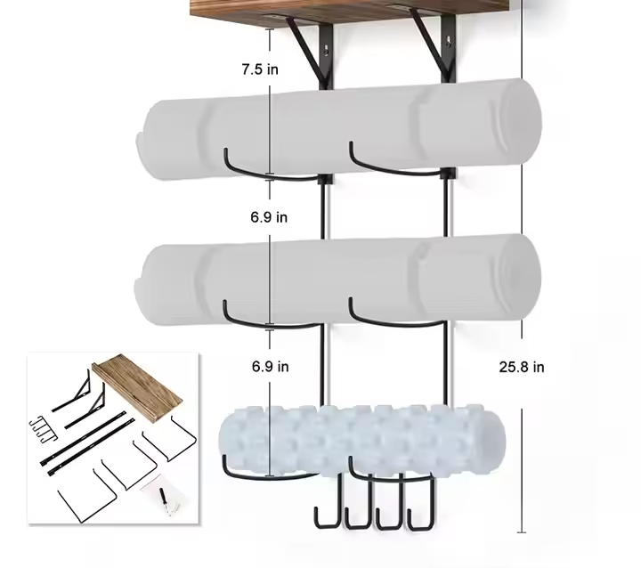Yoga Mat Holder Wall Mount Yoga Mat Storage Home Gym Accessories With Wood Floating Shelves And Hooks