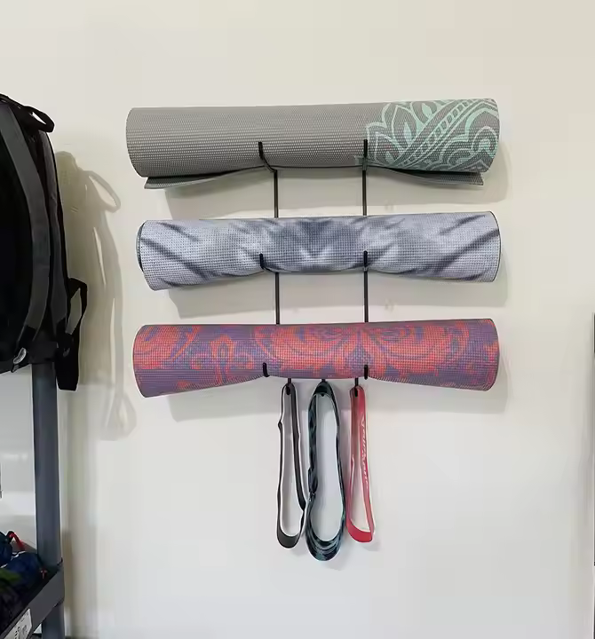 Yoga Mat Holder Wall Mount Yoga Mat Storage Home Gym Accessories With Wood Floating Shelves And Hooks