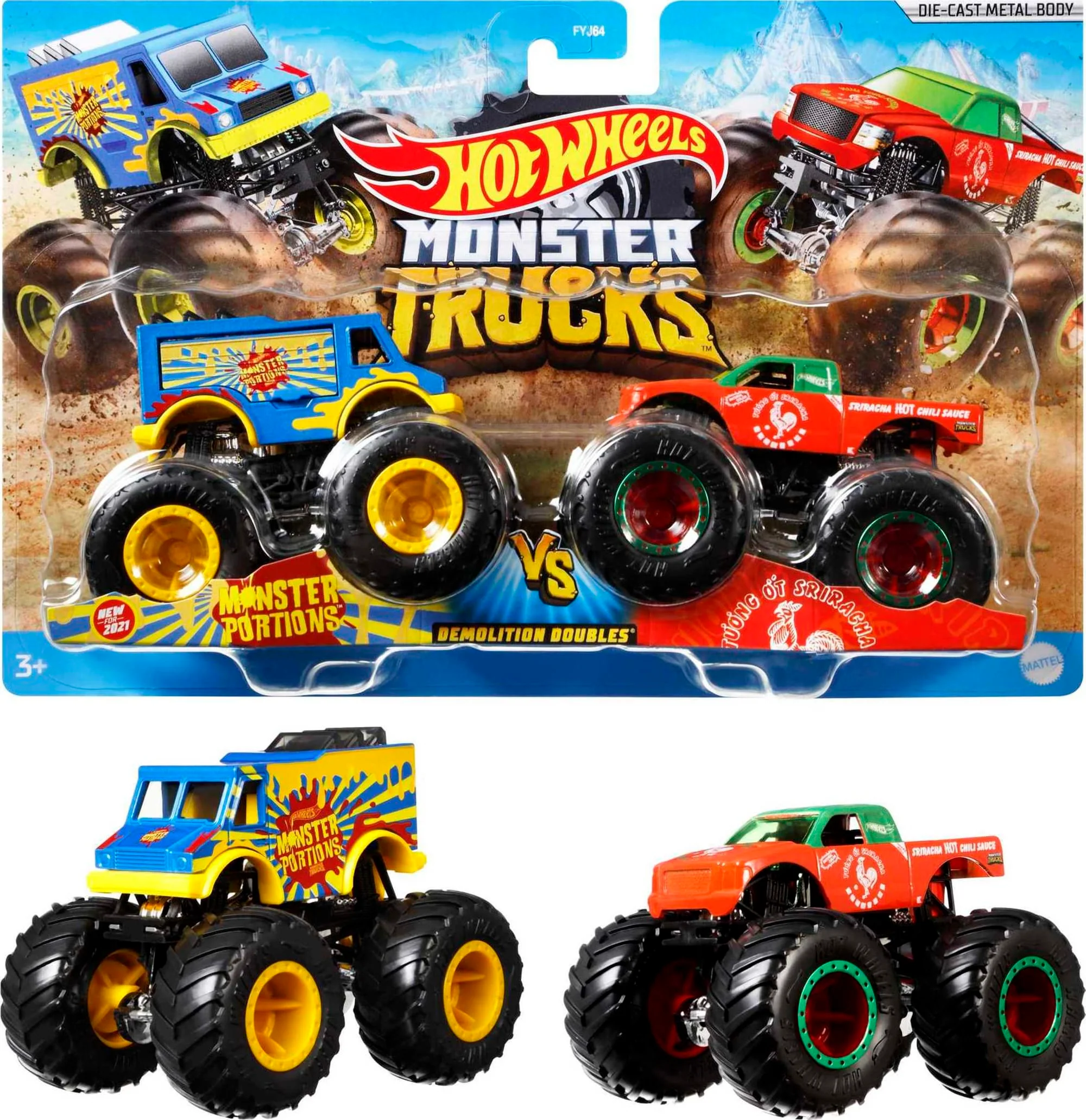 Hot Wheels Monster Trucks Veículo de Brinquedo Pacote Surpresa 2 Carros Escala 1:64