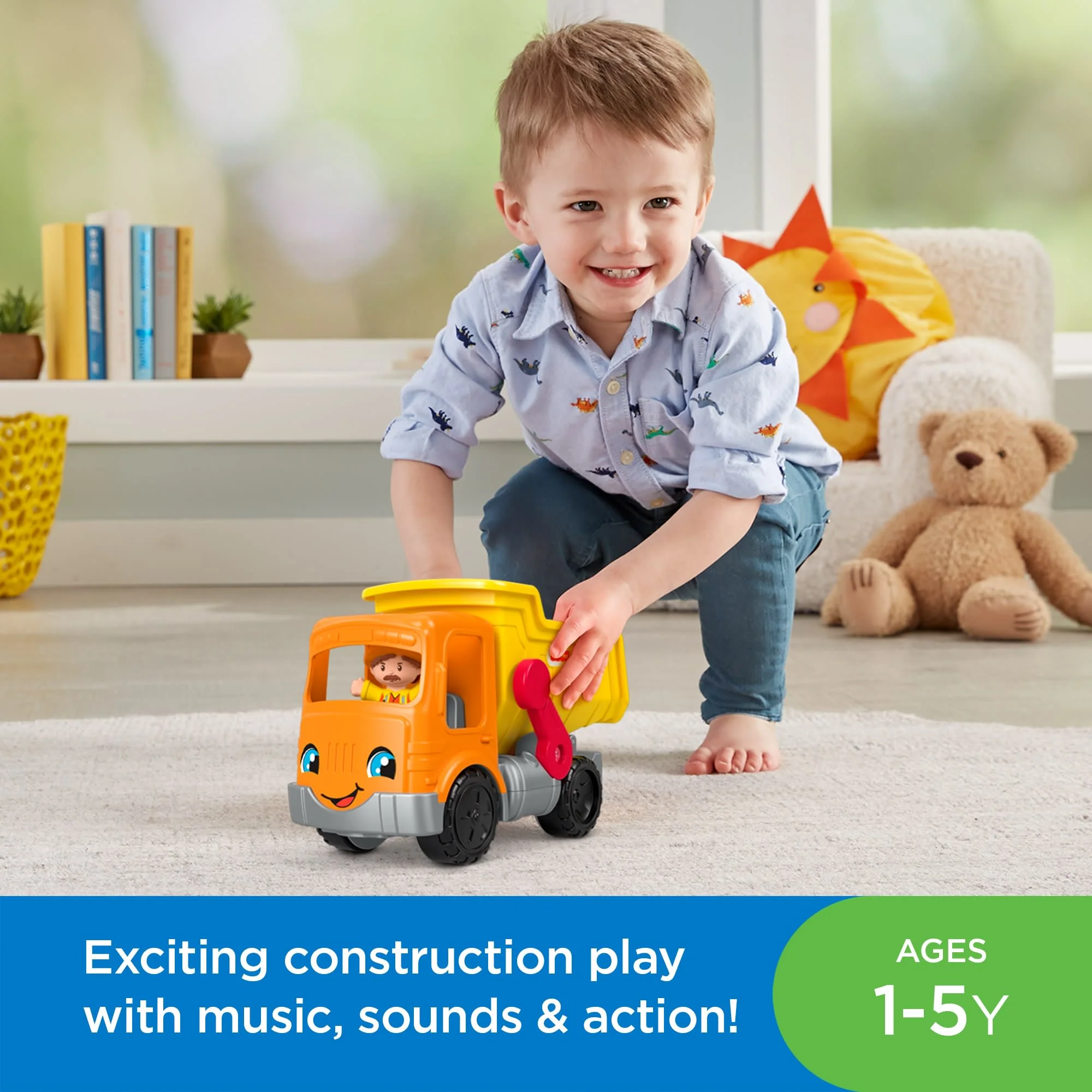Fisher-Price Little People Dump Truck Toy With Music & Sounds, 3 Pieces, Toddler Construction Toy