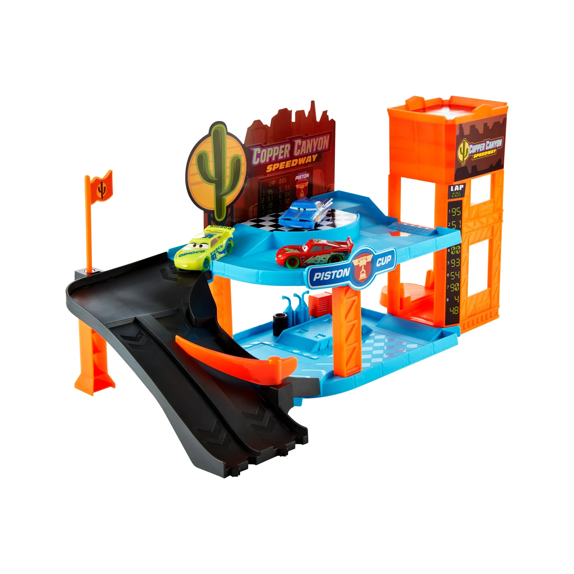 Disney And Pixar Cars Glow Racers Copper Canyon Glowing Garage Playset With 3 1:55 Scale Glow-in-The-Dark Vehicles