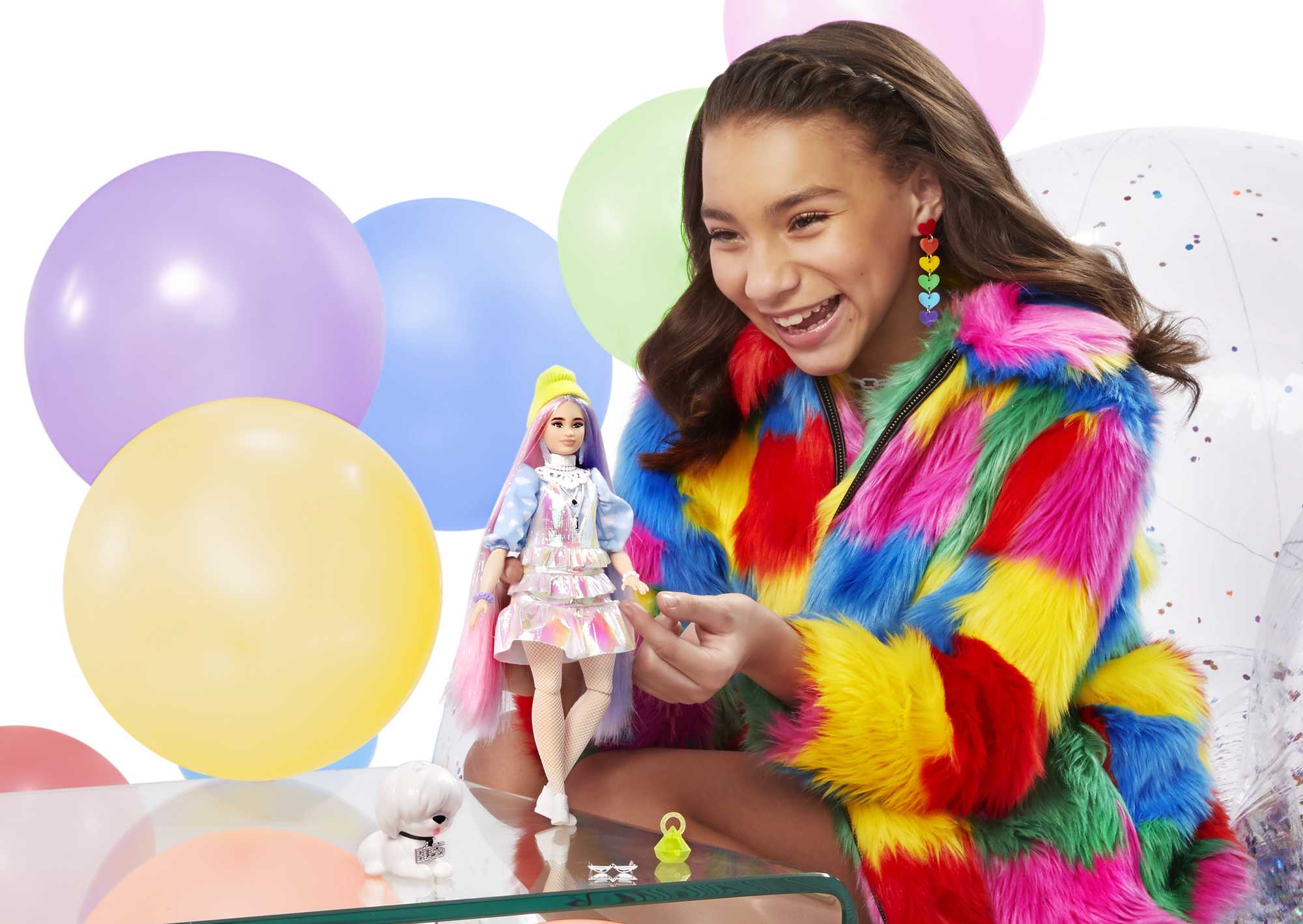 Barbie Extra Doll 2 in Shimmery Look With Pet Puppy, Pink And Purple Fantasy Hair