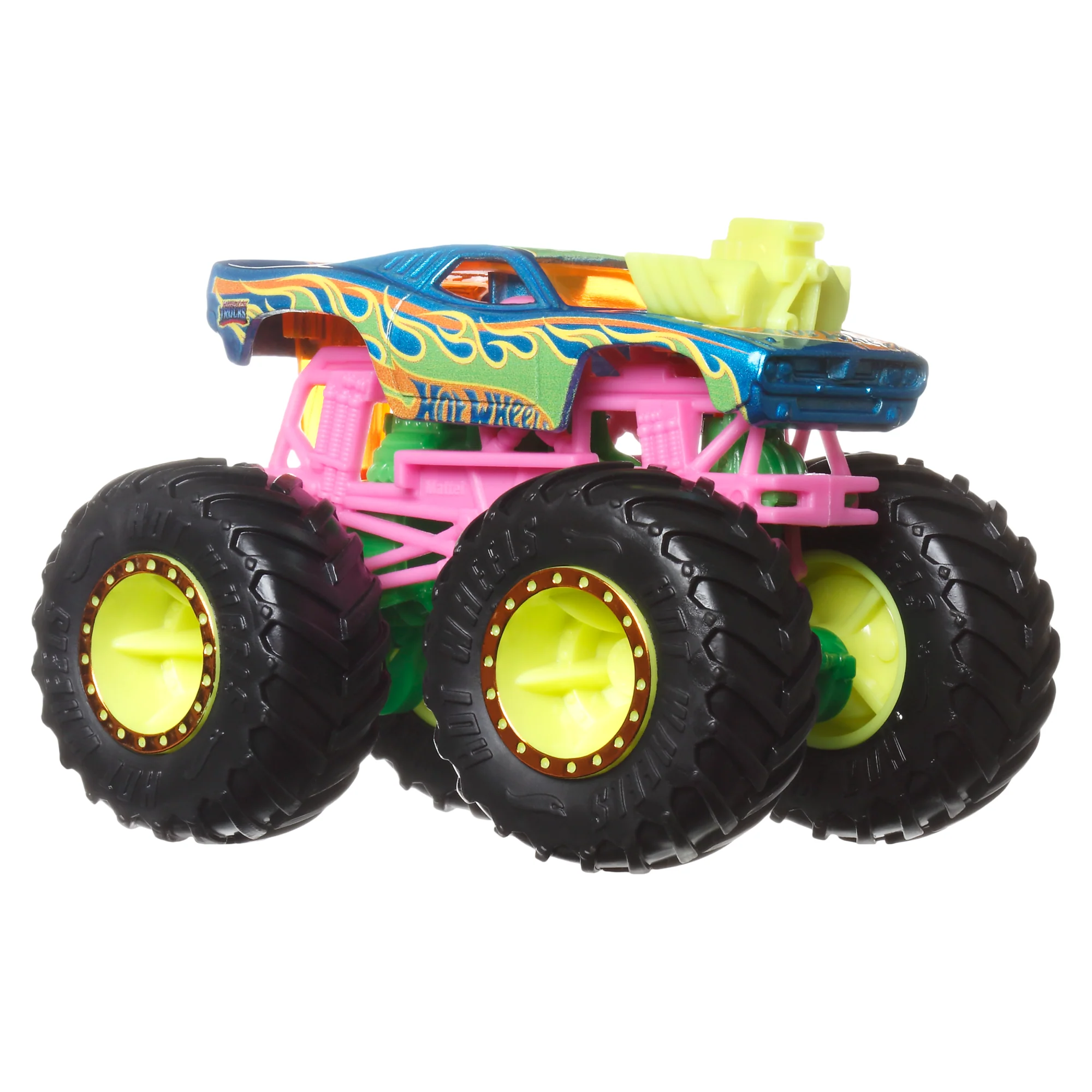 Hot Wheels Monster Trucks Vehículo de Juguete Camión Neón Rodger Dodger + Speed Bump