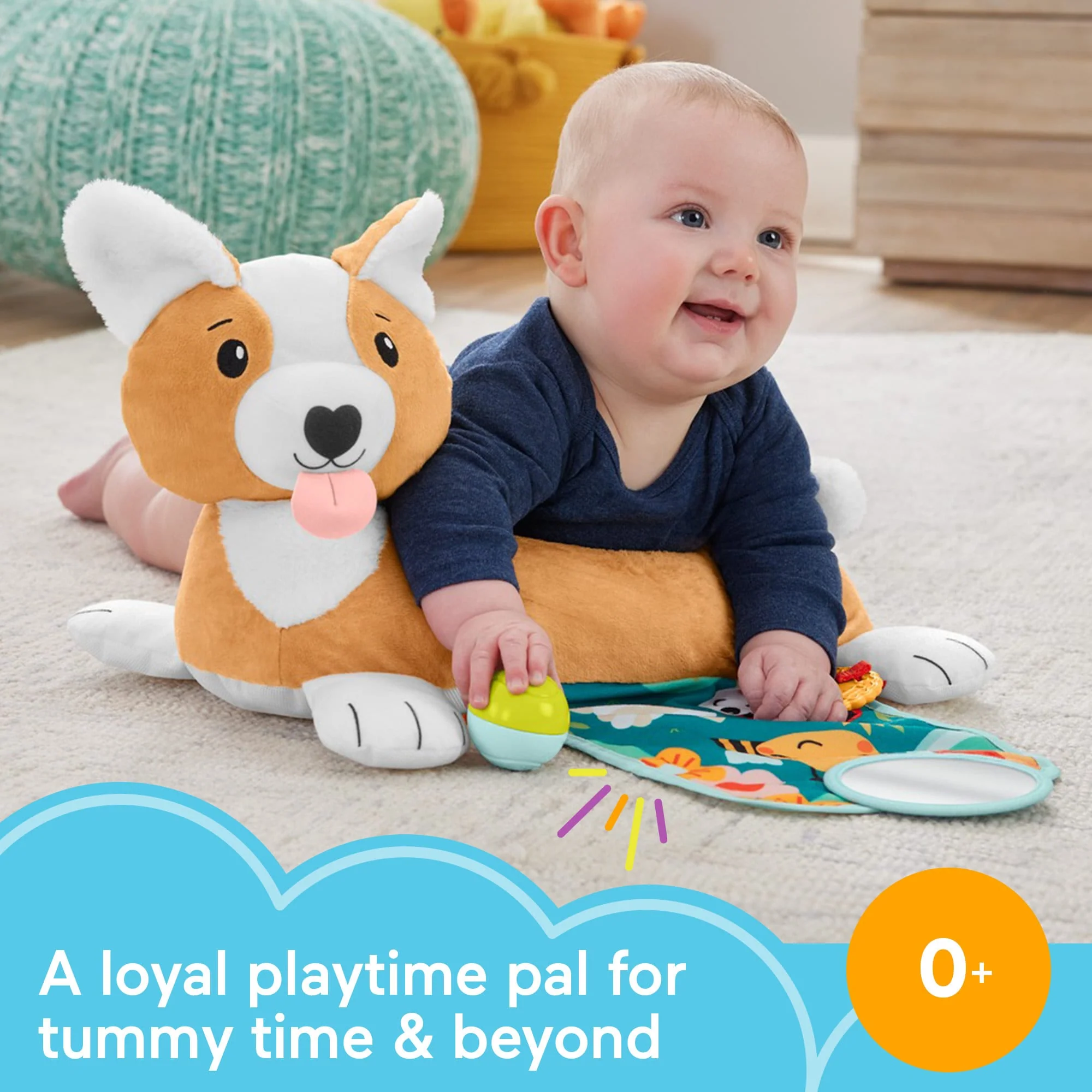 Fisher-Price Baby Tummy Time Toys, 3-In-1 Puppy Wedge With Rattle Teether & Mirror