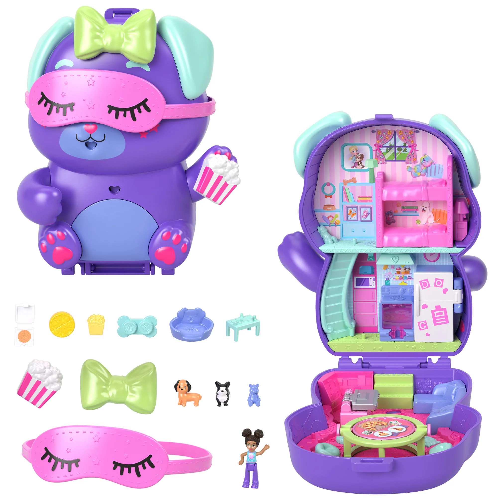 Polly Pocket Sleepover Puppy Compact Playset With 1 Micro Doll And Pet Dogs, Travel Toy With Food & Styling Accessories
