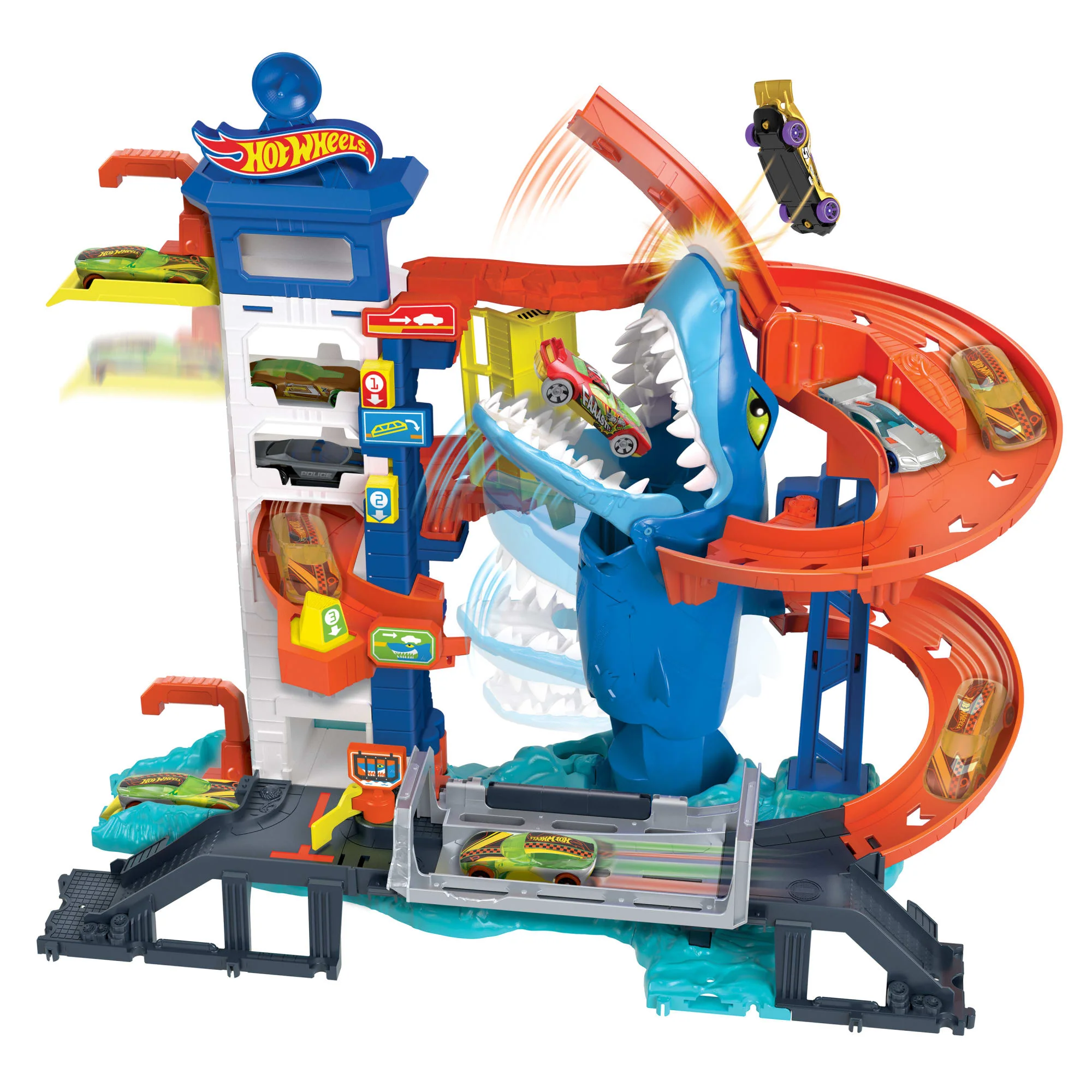 Hot Wheels Track Set And 1:64 Scale Toy Car, City Shark Escape, Multi-Level Playset