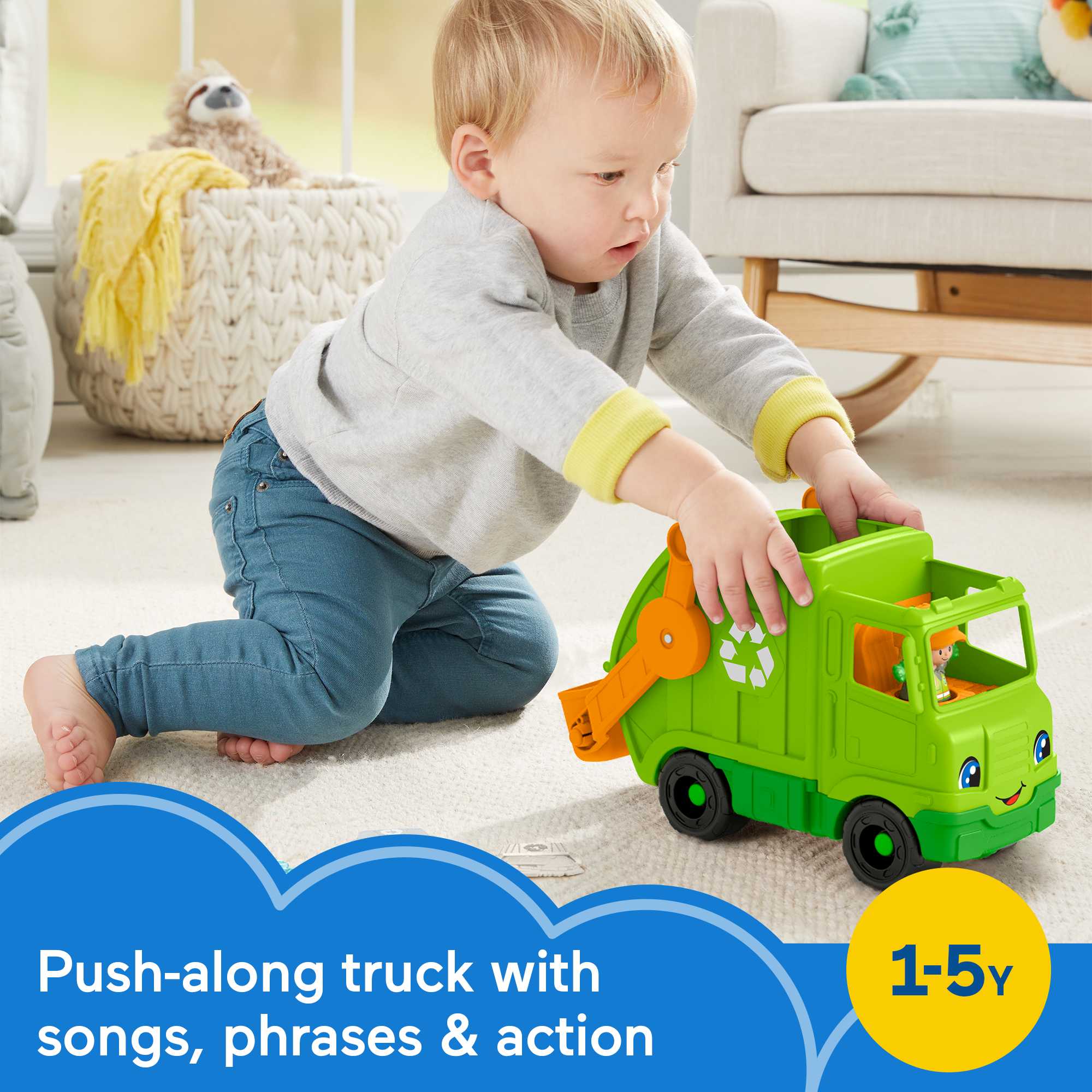 Fisher-Price Little People Recycling Truck Musical Toddler Garbage Toy Set, 5 Pieces