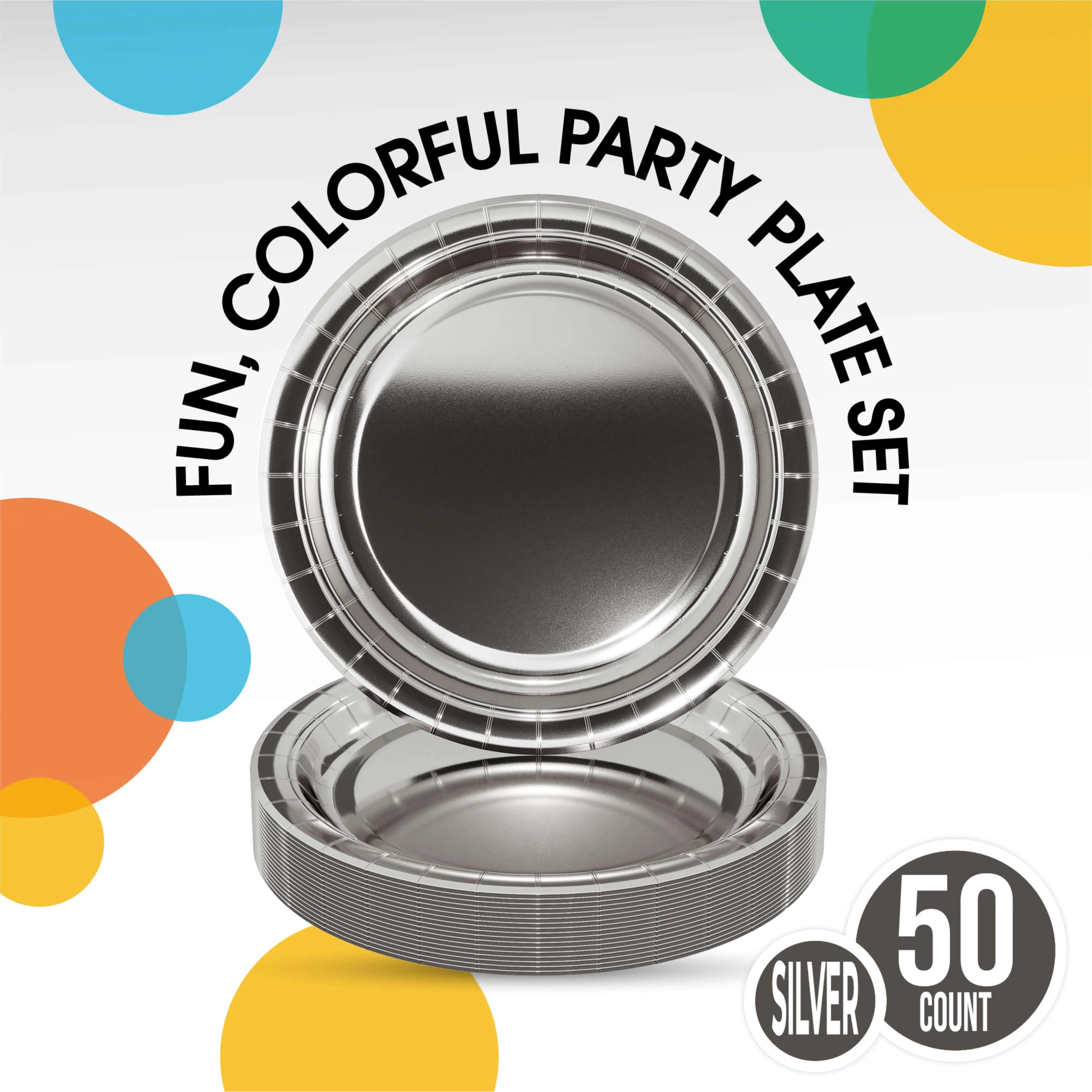 7 In. Reflective Silver Paper Plates - 50 Ct.
