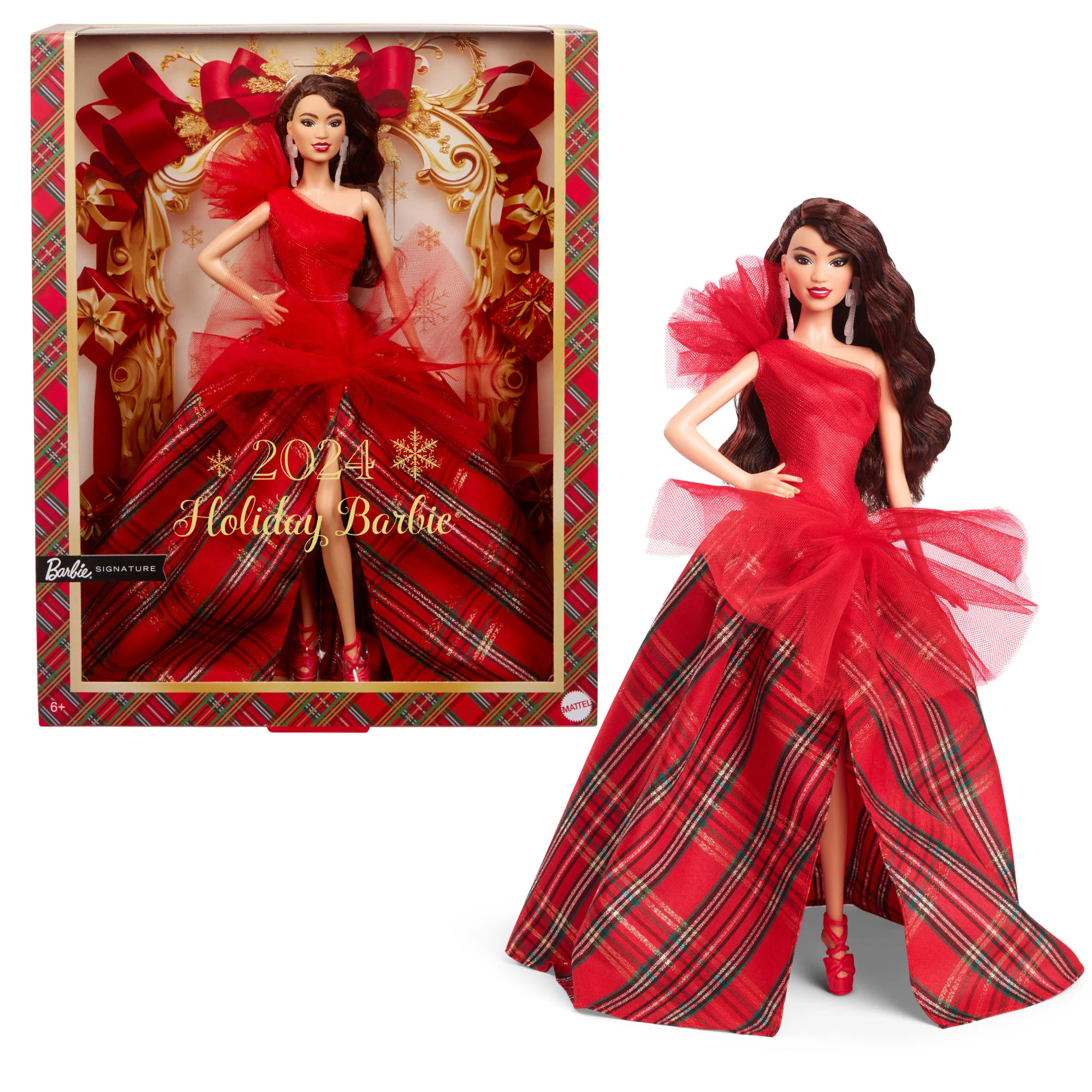 Barbie 2024 Holiday Barbie Dolls, Seasonal Collector Gift, Barbie Signature, Plaid Gown With Red Bow