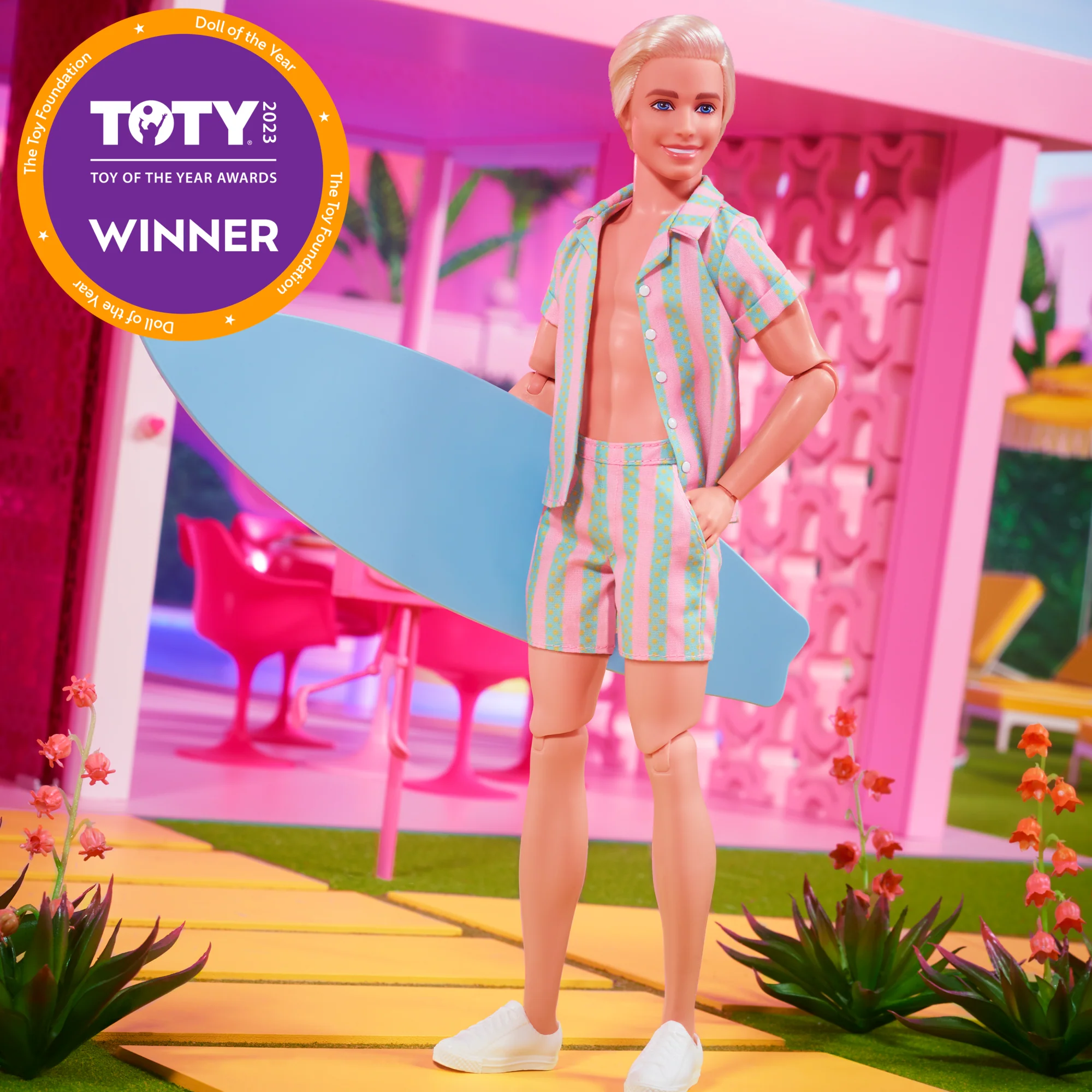 Barbie The Movie Ken Doll Wearing Pastel Striped Beach Matching Set