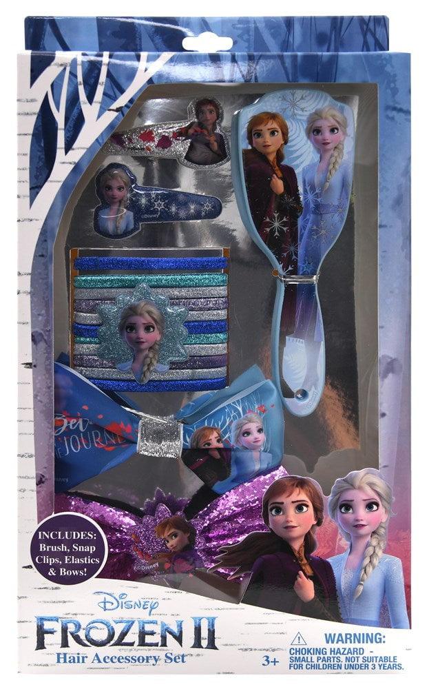Frozen2 Hair Accessory Set Brush Glitter Bow W Charm Printed Bow 2 Snapclips 12 Elastics W Charm 6.75x1.5x12