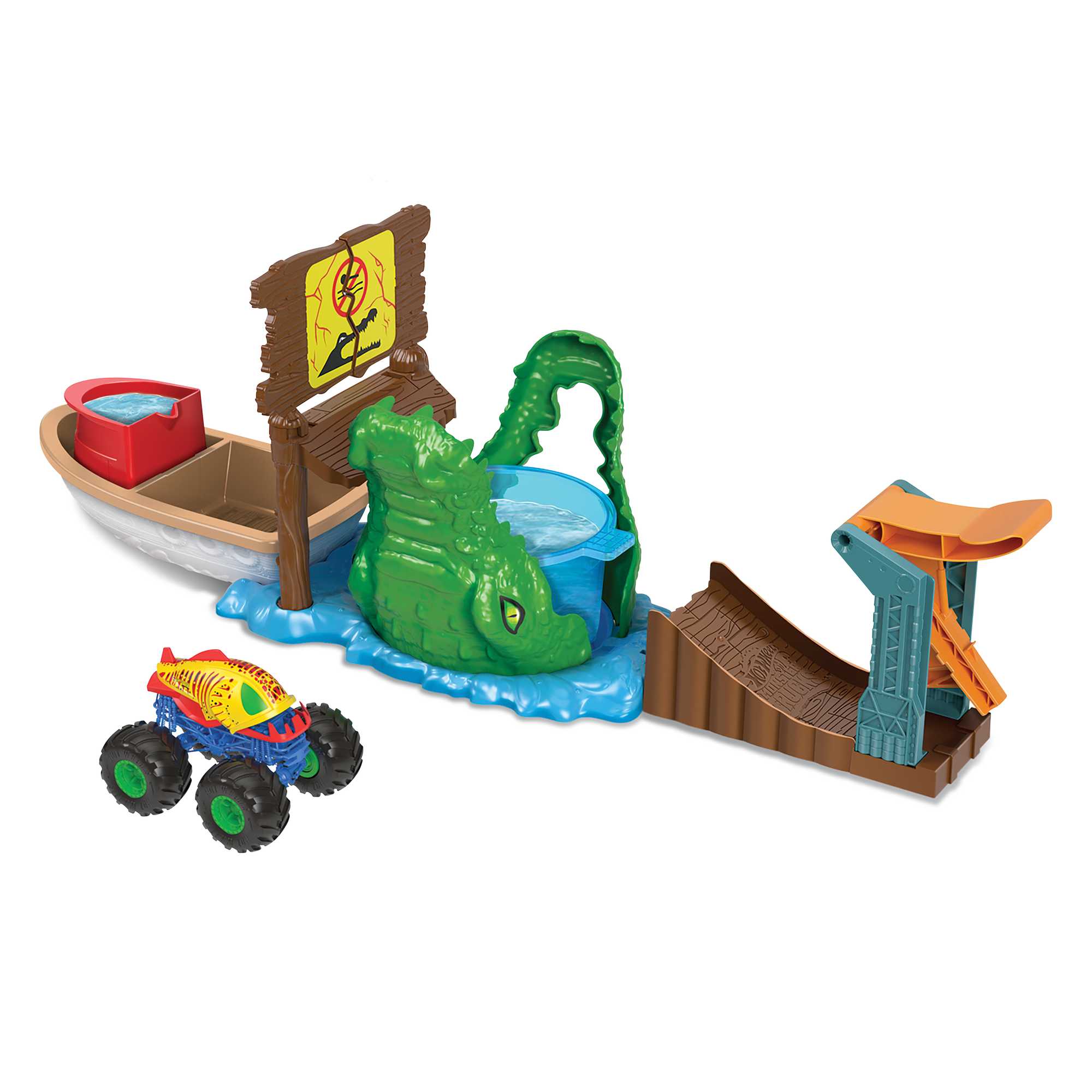 Hot Wheels Monster Trucks Pista de Juguete Ataque del Cocodrilo Hambriento