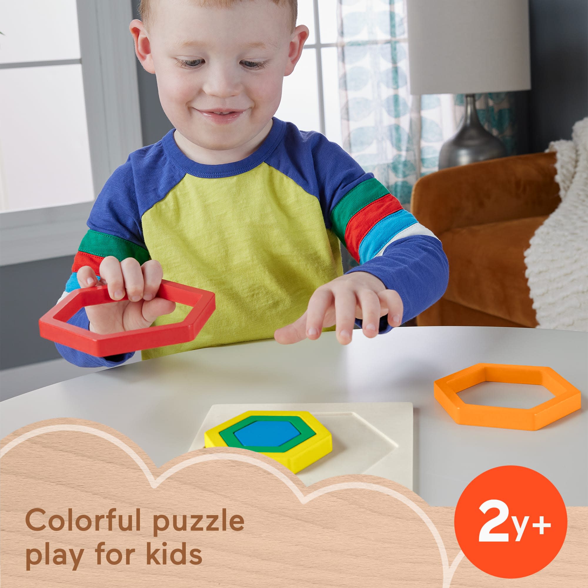 Fisher-Price Wooden Mini Rainbow Jigsaw Puzzle Hexagon For Toddlers & Kids, 5 Wood Pieces