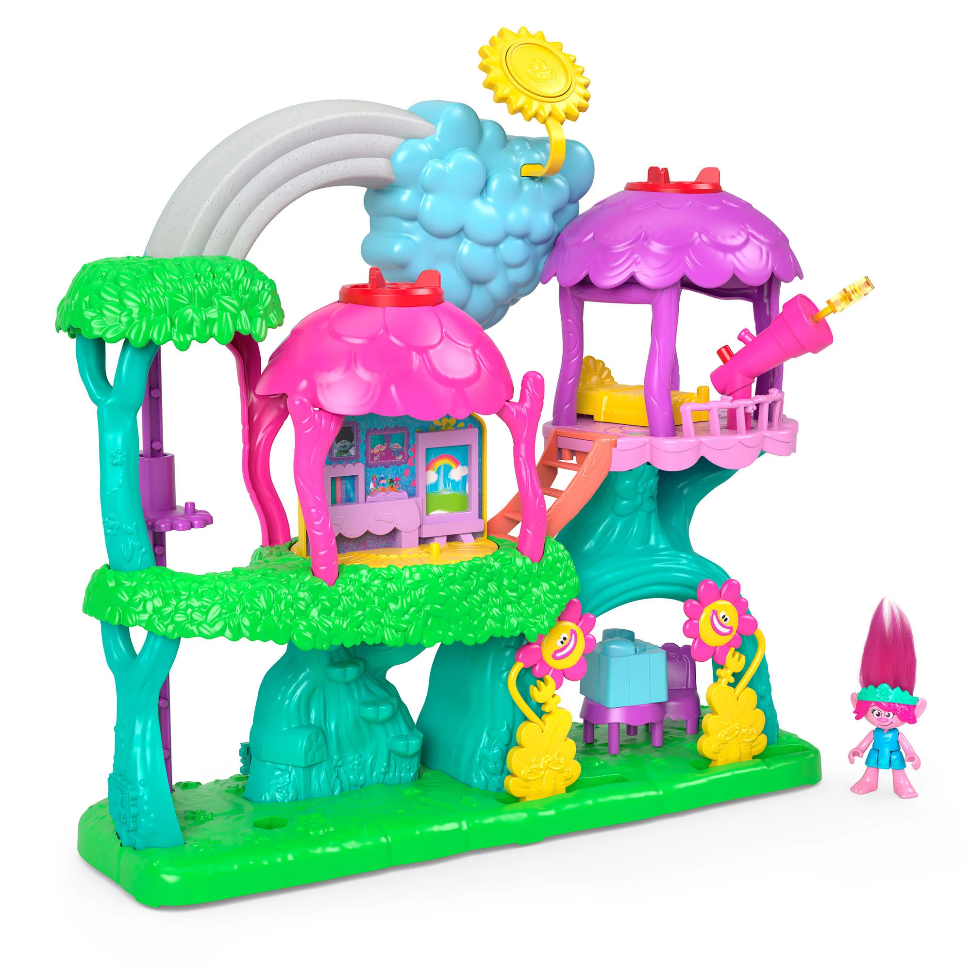 Imaginext Dreamworks Trolls Lights & Sounds Rainbow Treehouse Playset With Poppy, 7 Pieces