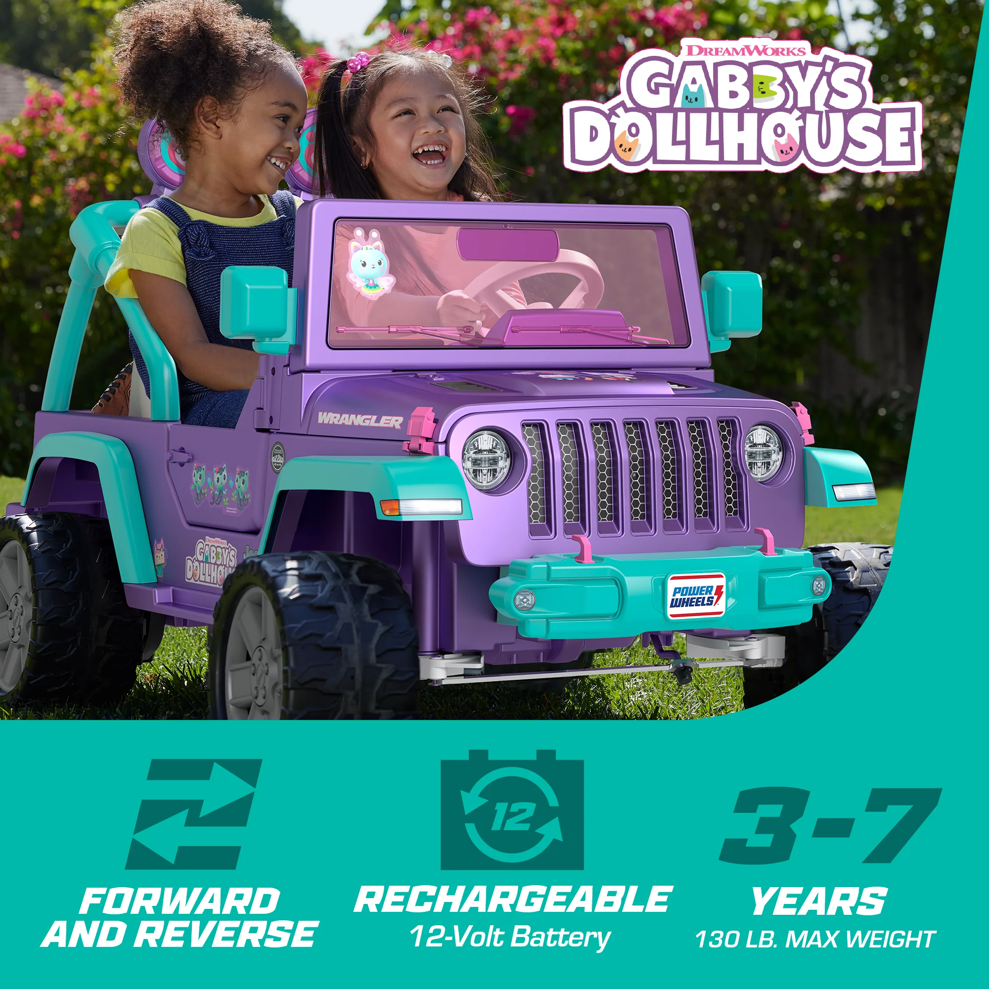 Power Wheels Gabby's Dollhouse Jeep Wrangler Battery-Powered Ride-On Toy Vehicle With Sounds