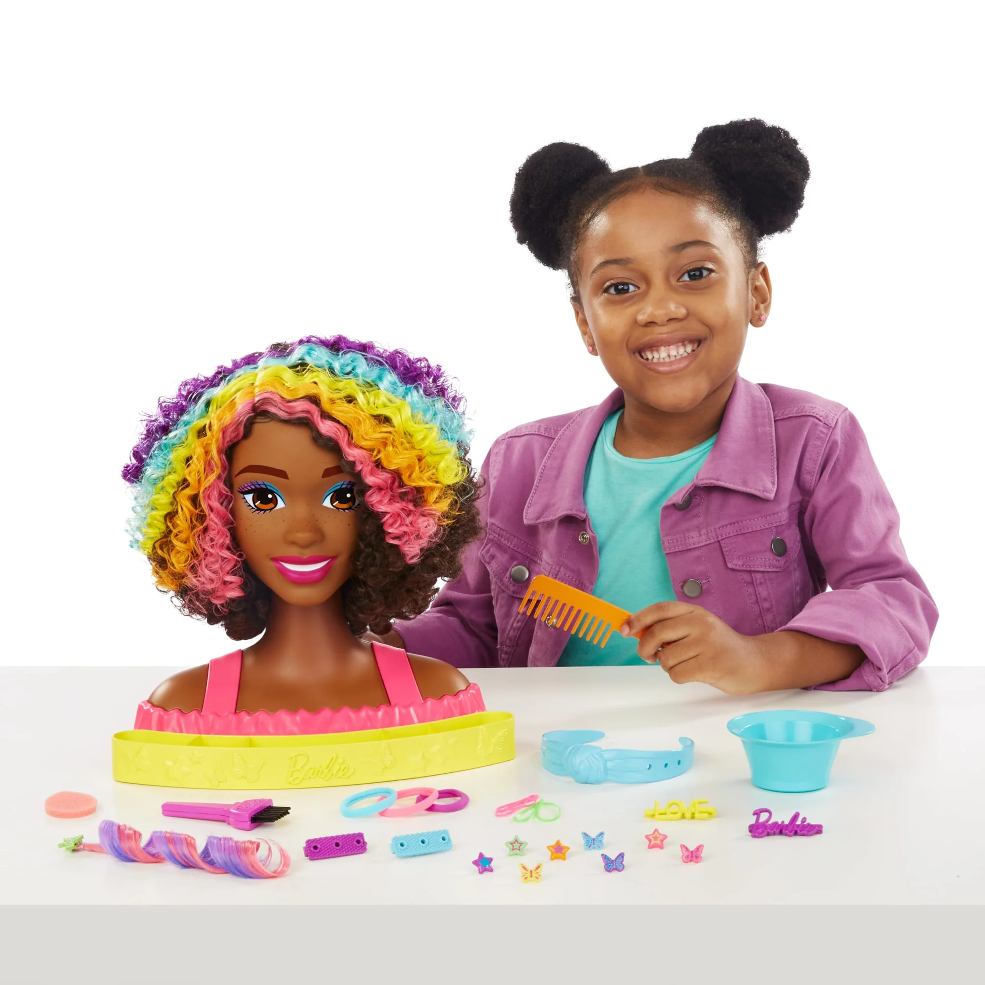 Barbie Deluxe Styling Head With Color Reveal Accessories And Curly Brown Rainbow Hair