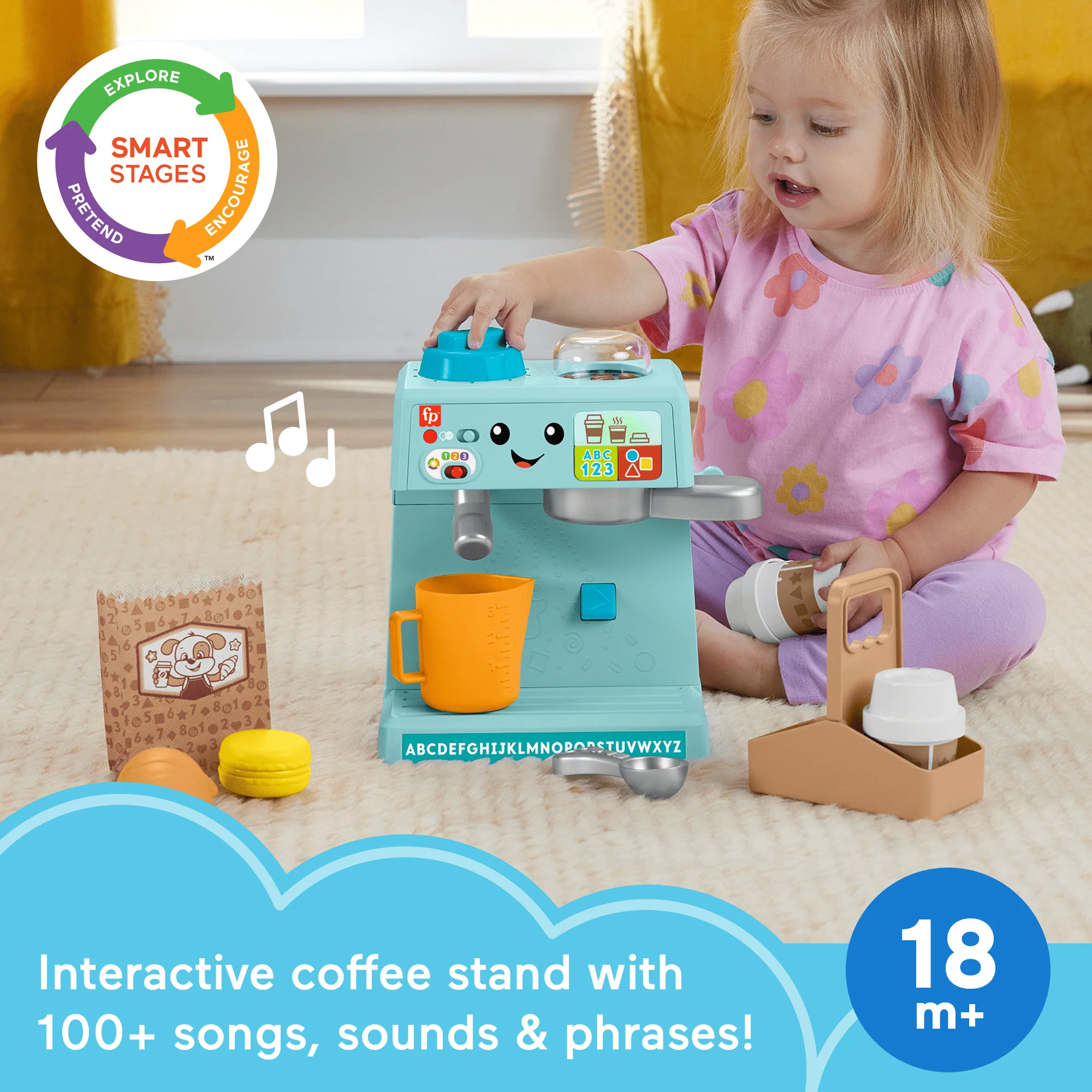 Fisher-Price Laugh & Learn Learn & Serve Coffee Café Toddler Electronic Toy, 10 Play Pieces, Multilanguage Version